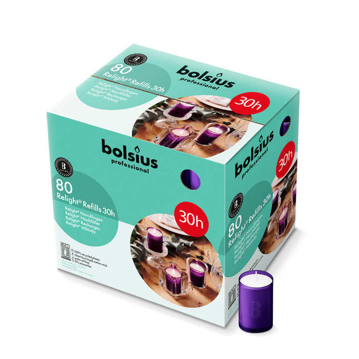 Bolsius Horeca Relight® Plus navullingen 30 uur 64/52 doos 80 Paars