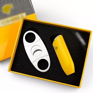 Cohiba aansteker en knipper set in geel (in luxe cadeauverpakking