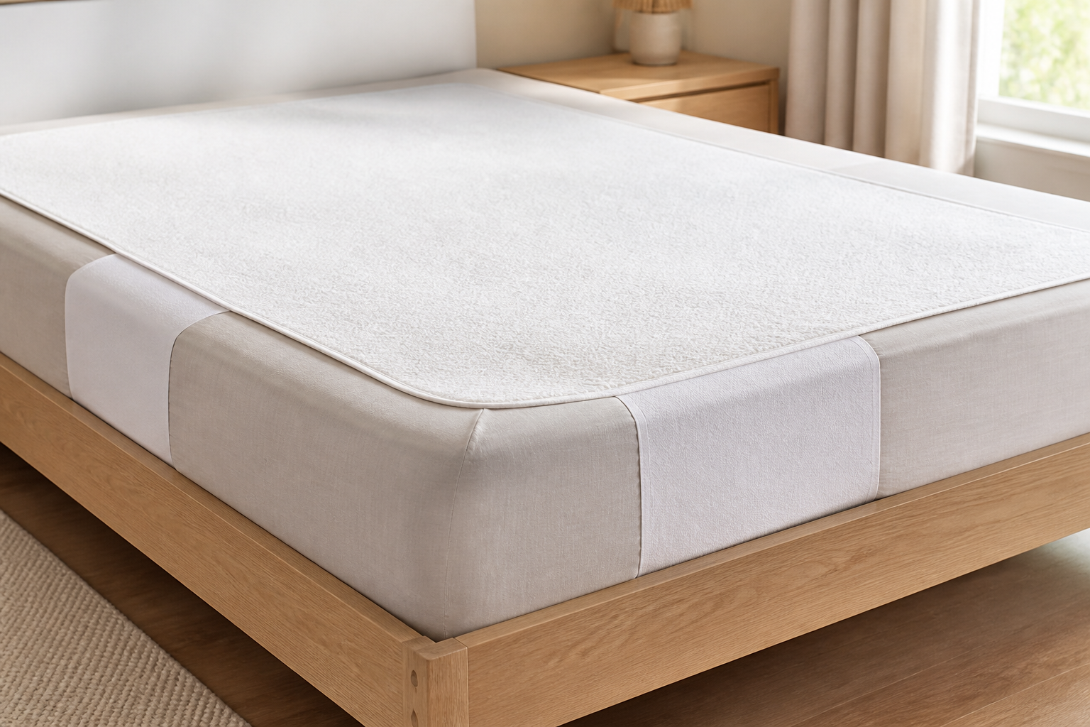 Wasbare matrasbeschermer met instopstroken op een bed