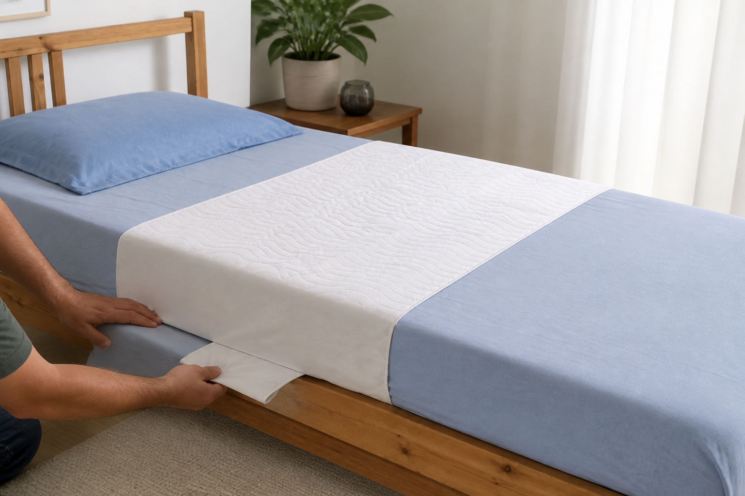 Wasbare matrasbeschermer met instopstroken op een bed