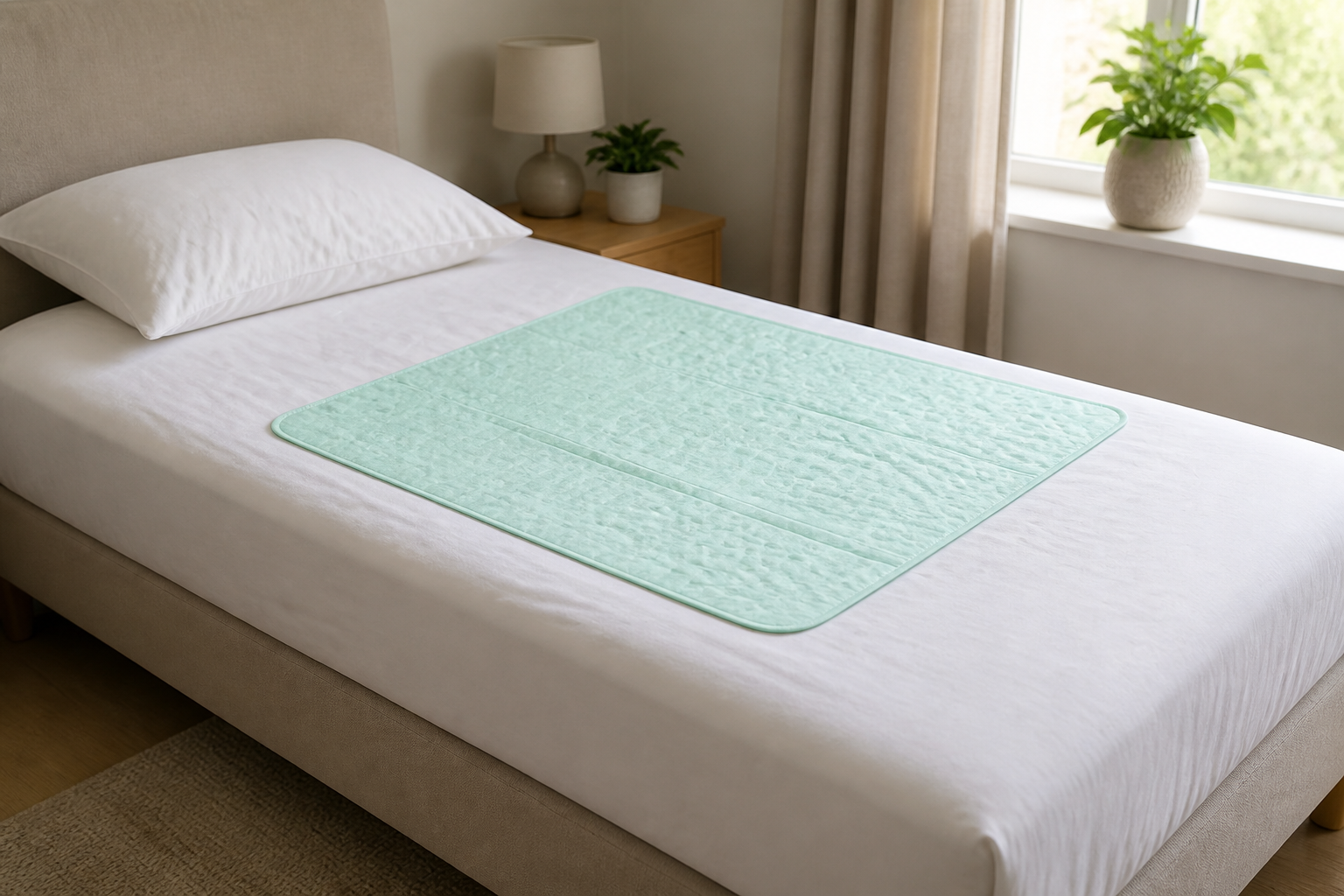 Wasbare absorberende onderlegger op een bed