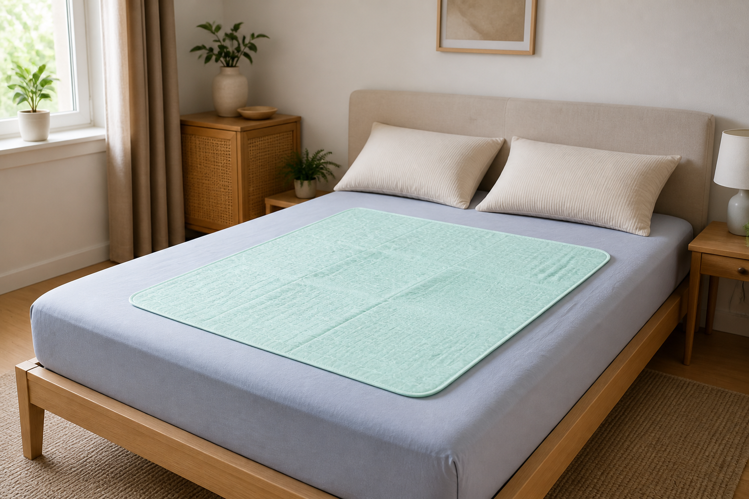 Matrasbeschermer op een bed in een slaapkamer