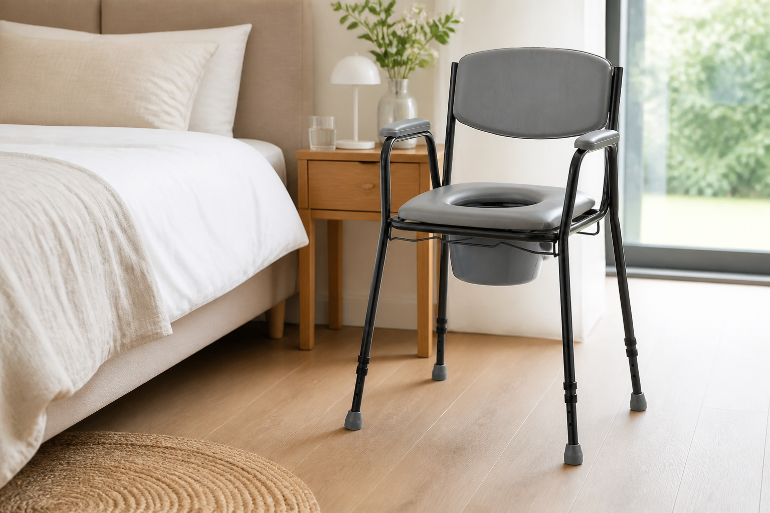 Postoel naast een bed in een slaapkamer