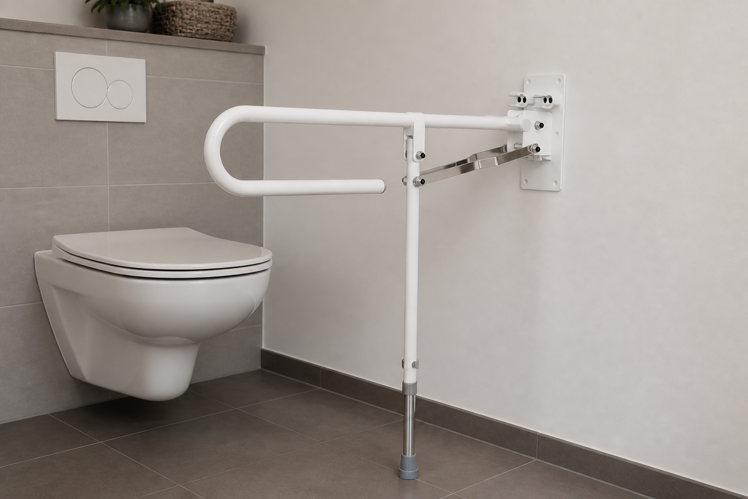 Opklapbare toiletbeugel met steunpoot naast een toilet