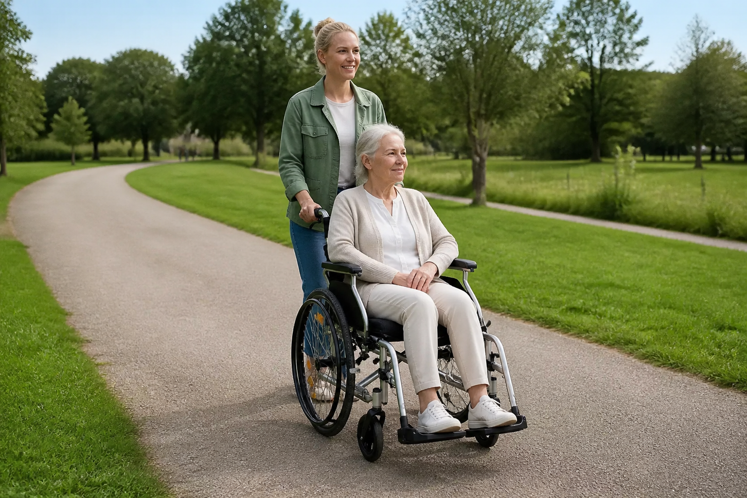 Begeleider duwt een rolstoel tijdens een wandeling buiten