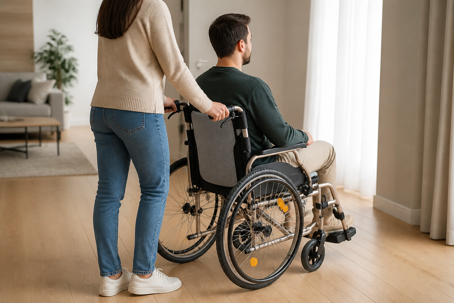 Begeleider achter een rolstoel met beide handen aan de duwhandvatten