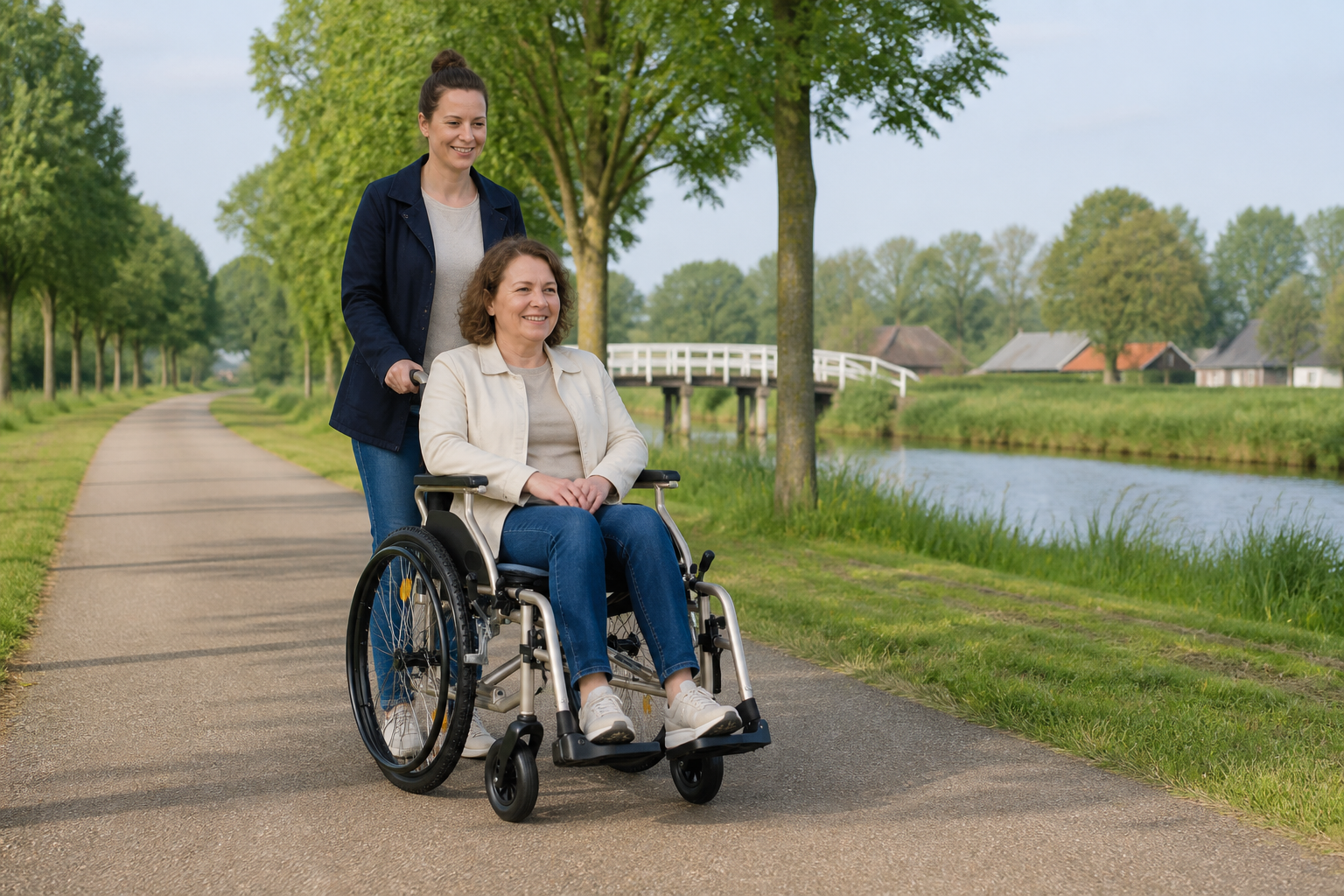 Begeleider duwt een persoon in een rolstoel