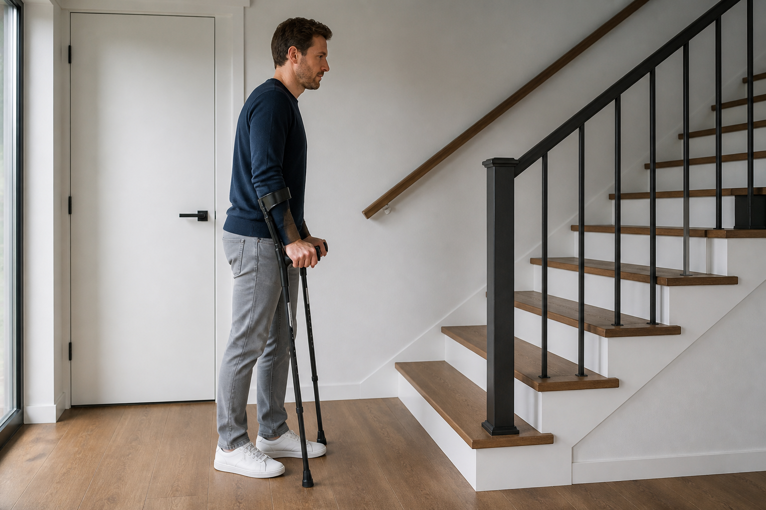 Persoon met elleboogkrukken bij een trap met leuning