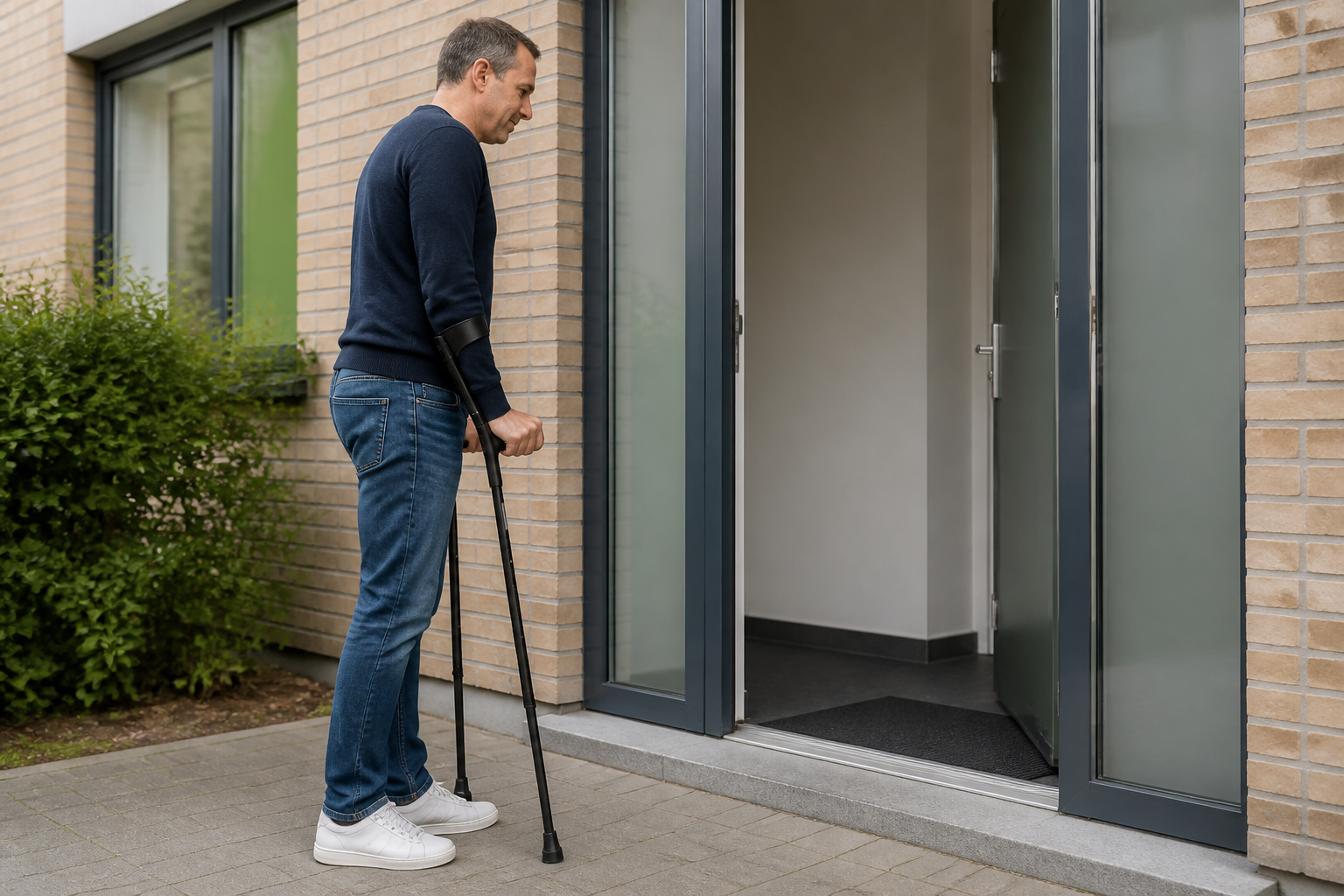 Persoon met elleboogkrukken bij een kleine drempel