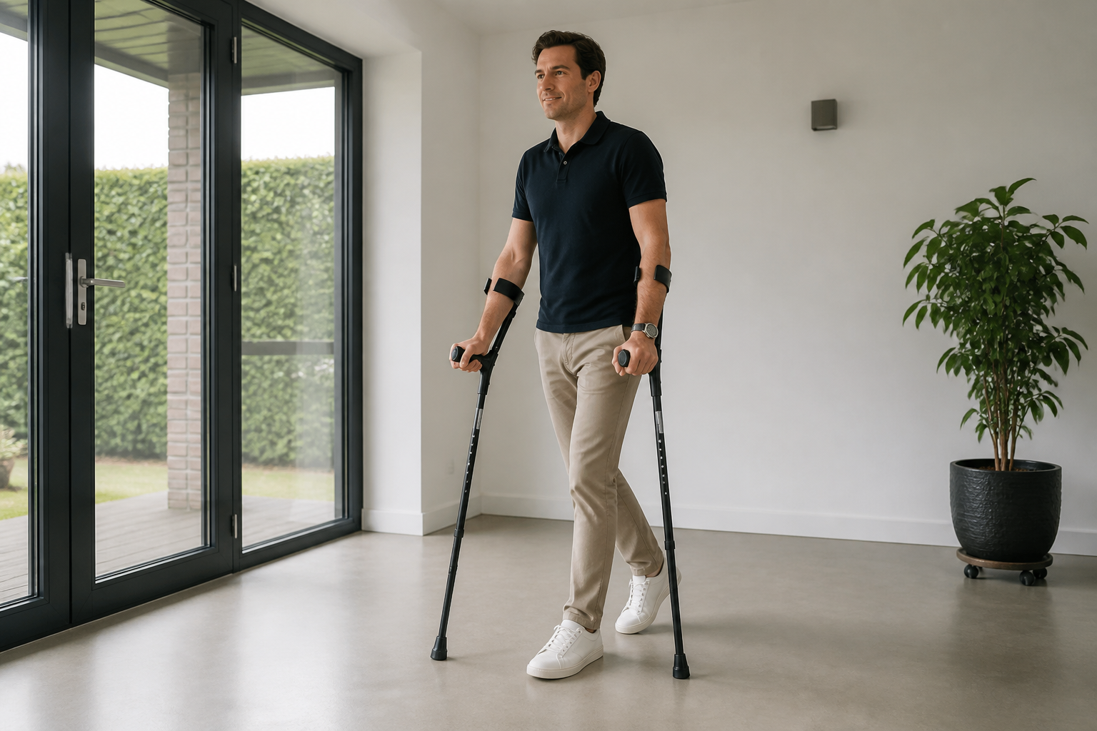 Lopen met twee elleboogkrukken op een vlakke ondergrond