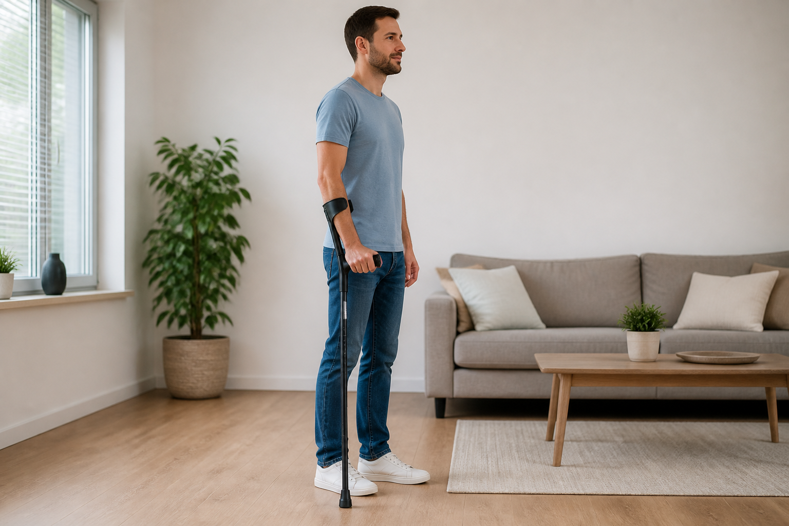 Persoon staat met een verstelbare elleboogkruk