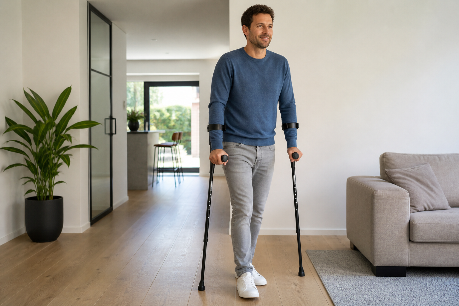 Persoon loopt met twee elleboogkrukken