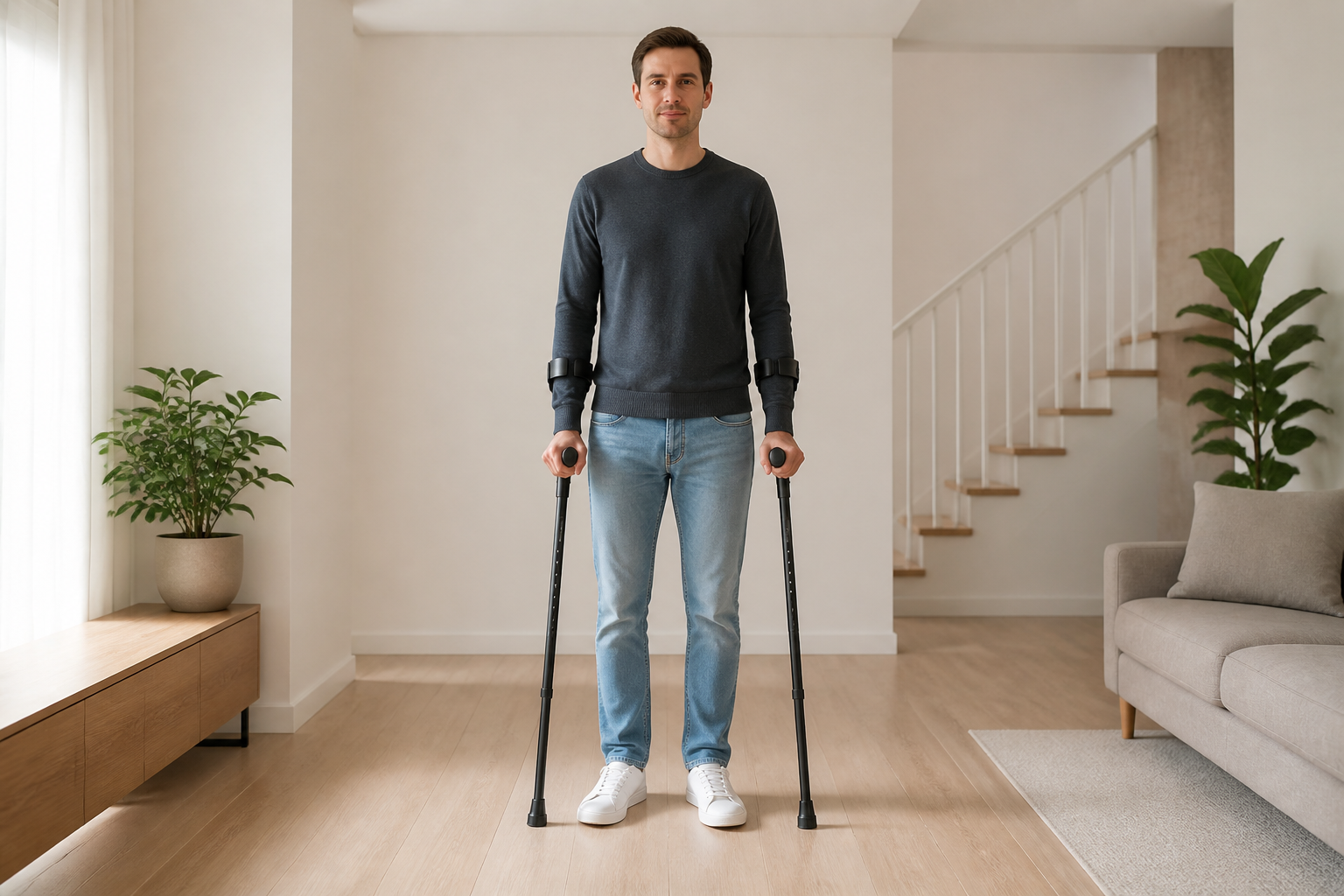 Persoon staat met twee afgestelde elleboogkrukken