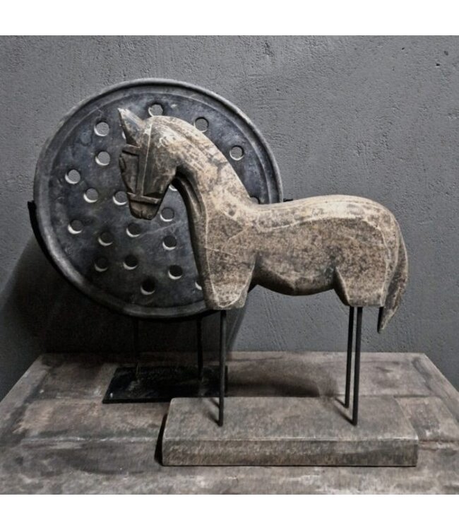 Houten paard op standaard - Antique grey