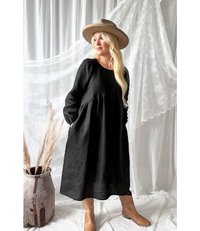 Lovely autumn linnen jurk - Zwart