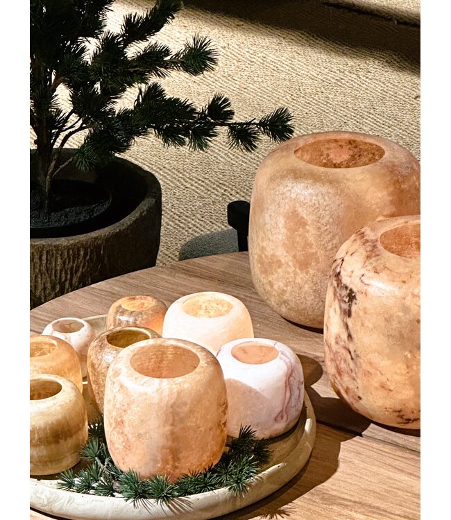 Alabaster waxinelichthouder rond - bruin M