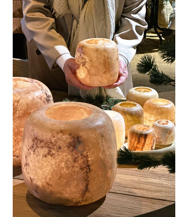 Alabaster waxinelichthouder rond - bruin S