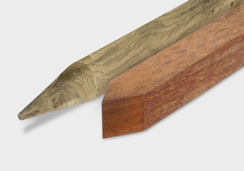 Alle houten puntpalen van HOUTvakman.be - Palen & balken met punt (gepunt) - gedrenkt hout & diverse hardhout soorten - vierkant, rechthoekig & rond!