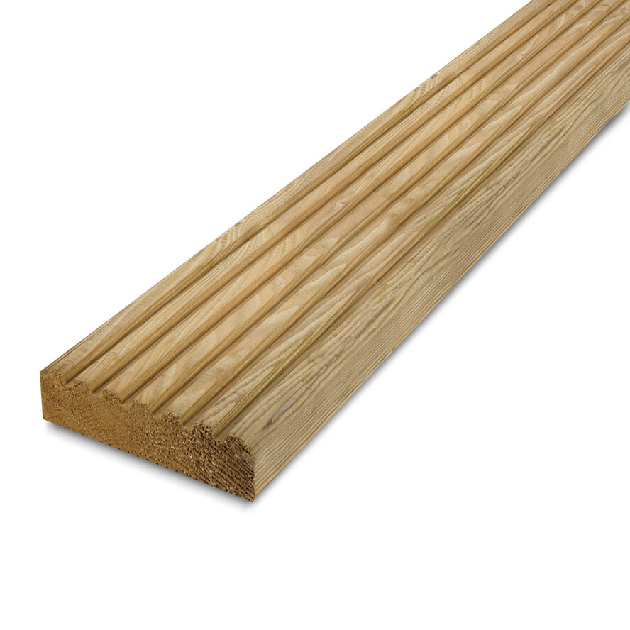 Geïmpregneerd grenen terrasplank - 28x140 mm - geschaafd - vlonderplank gegroefd / geribbeld - gedrenkt grenenhout KD 18-20% Geïmpregneerd grenen terrasplank - 28x140 mm - geschaafd - vlonderplank gegroefd / geribbeld - gedrenkt grenenhout KD 18-20%