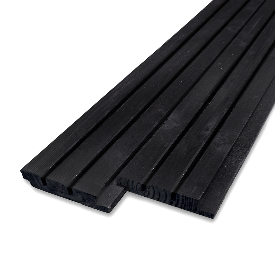 Zwart vuren triple blokprofiel - 22x132 mm - geschaafd - Deens rabat - zwart gebeitst vurenhout KD 18-20% Zwart vuren triple blokprofiel - 22x132 mm - geschaafd - Deens rabat - zwart gebeitst vurenhout KD 18-20%