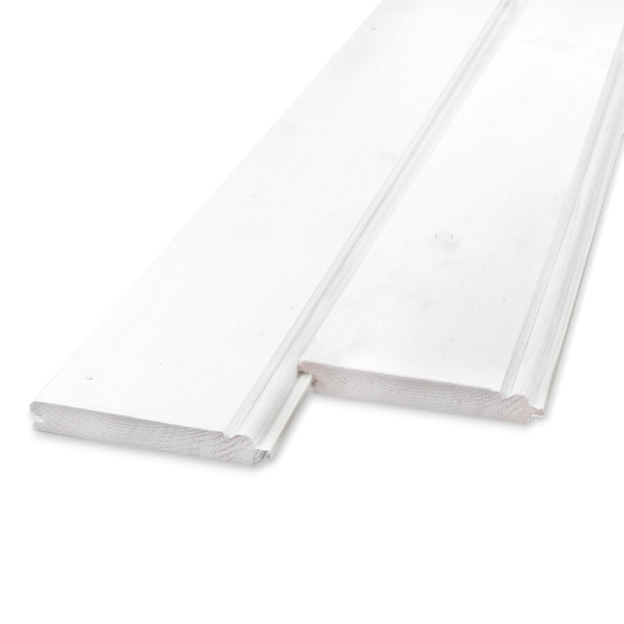Wit gegrond vuren kraalprofiel - 19x115 mm - geschaafd - kraaldeel - vurenhout voorzien van witte grondverf KD 18-20% Wit gegrond vuren kraalprofiel - 19x115 mm - geschaafd - kraaldeel - vurenhout voorzien van witte grondverf KD 18-20%