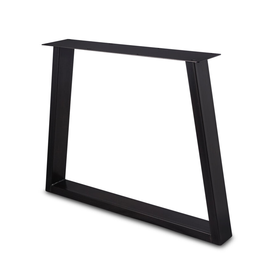 Zwarte trapezium poten (set) - staal / ijzer - 4x10 cm - hoogte: 72 cm - breedte (montageplaat): 78 cm - breedte (onderzijde): 95 cm - tafelpoot metaal zwart gecoat Zwarte trapezium poten (set) - staal / ijzer - 4x10 cm - hoogte: 72 cm - breedte (montageplaat): 78 cm - breedte (onderzijde): 95 cm - tafelpoot metaal zwart gecoat