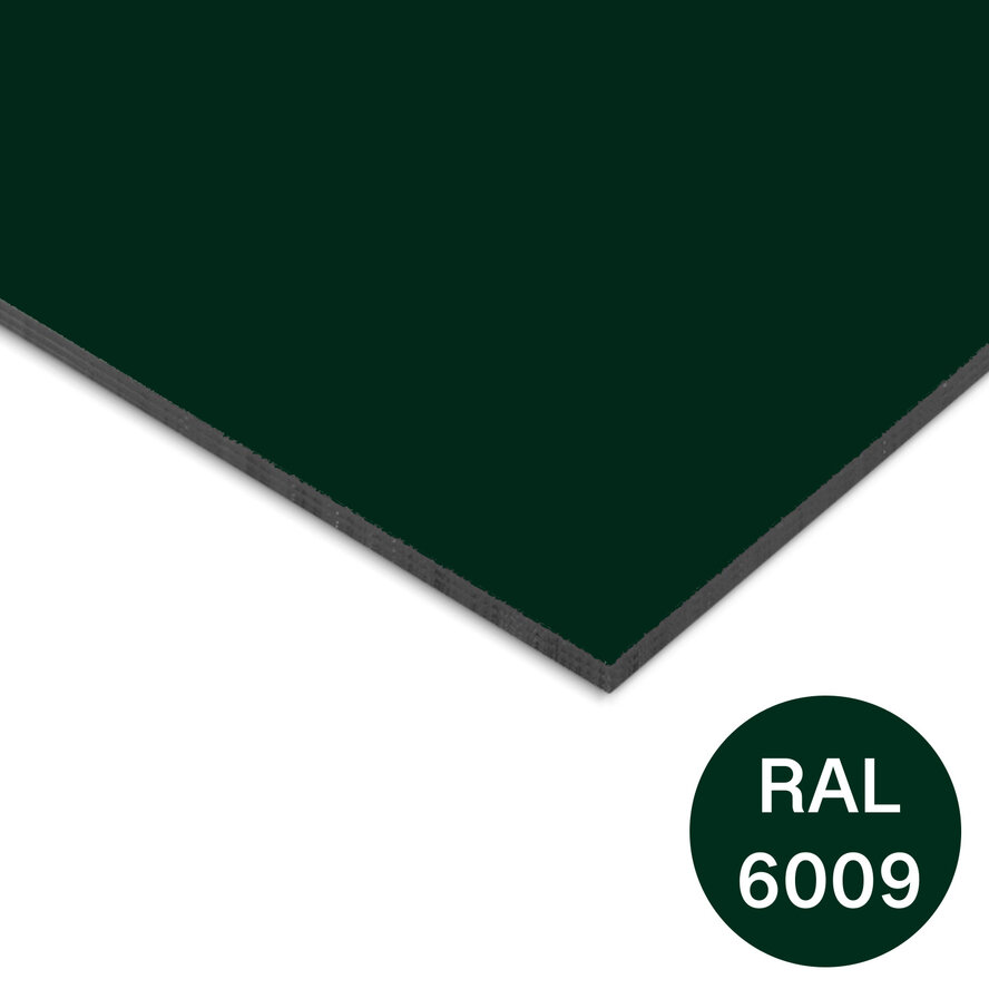 Trespa plaat - tweezijdig donkergroen (RAL 6009) - 6 mm dik - groene HPL plaat - Trespa Izeon - garantieplaat 10 jaar Trespa plaat - tweezijdig donkergroen (RAL 6009) - 6 mm dik - groene HPL plaat - Trespa Izeon - garantieplaat 10 jaar
