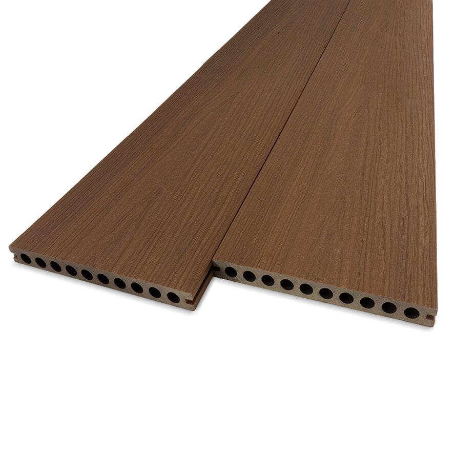 Composiet terrasplank - hol (semi massief) - ipe look - 23x210 mm - 1 zijde geschaafd / 1 zijde geborsteld (optiek) - vlonderplank met blinde bevestiging - houtcomposiet Composiet terrasplank - hol (semi massief) - ipe look - 23x210 mm - 1 zijde geschaafd / 1 zijde geborsteld (optiek) - vlonderplank met blinde bevestiging - houtcomposiet
