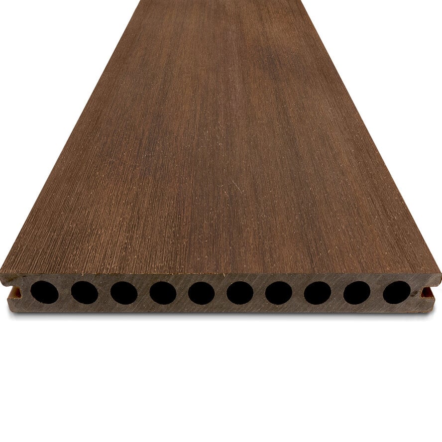 Composiet terrasplank - hol (semi massief) - ipe look - 23x210 mm - 1 zijde geschaafd / 1 zijde geborsteld (optiek) - vlonderplank met blinde bevestiging - houtcomposiet Composiet terrasplank - hol (semi massief) - ipe look - 23x210 mm - 1 zijde geschaafd / 1 zijde geborsteld (optiek) - vlonderplank met blinde bevestiging - houtcomposiet