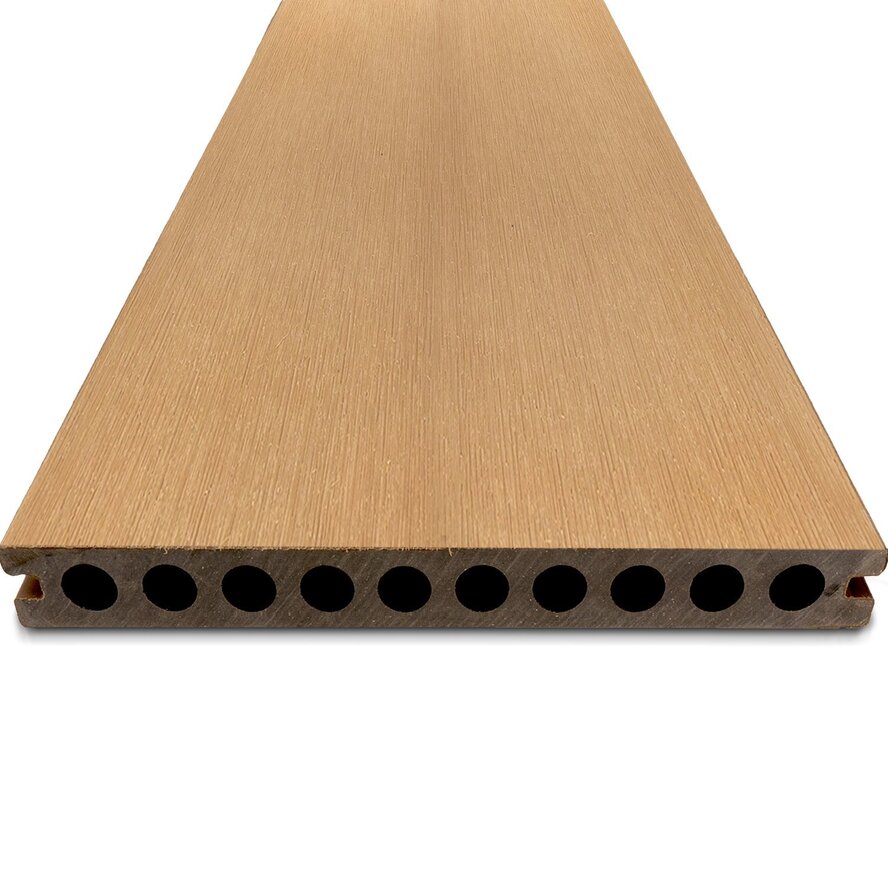 Composiet terrasplank - hol (semi massief) - cedar look - 23x210 mm - 1 zijde geschaafd / 1 zijde geborsteld (optiek) - vlonderplank met blinde bevestiging - houtcomposiet Composiet terrasplank - hol (semi massief) - cedar look - 23x210 mm - 1 zijde geschaafd / 1 zijde geborsteld (optiek) - vlonderplank met blinde bevestiging - houtcomposiet