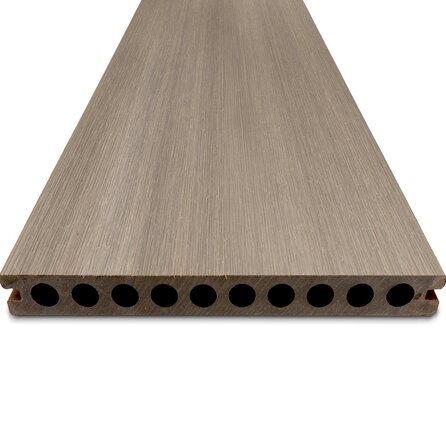 Composiet terrasplank - hol (semi massief) - vergrijsd hout uitstraling - 23x210 mm - 1 zijde geschaafd / 1 zijde geborsteld (optiek) - vlonderplank met blinde bevestiging - houtcomposiet