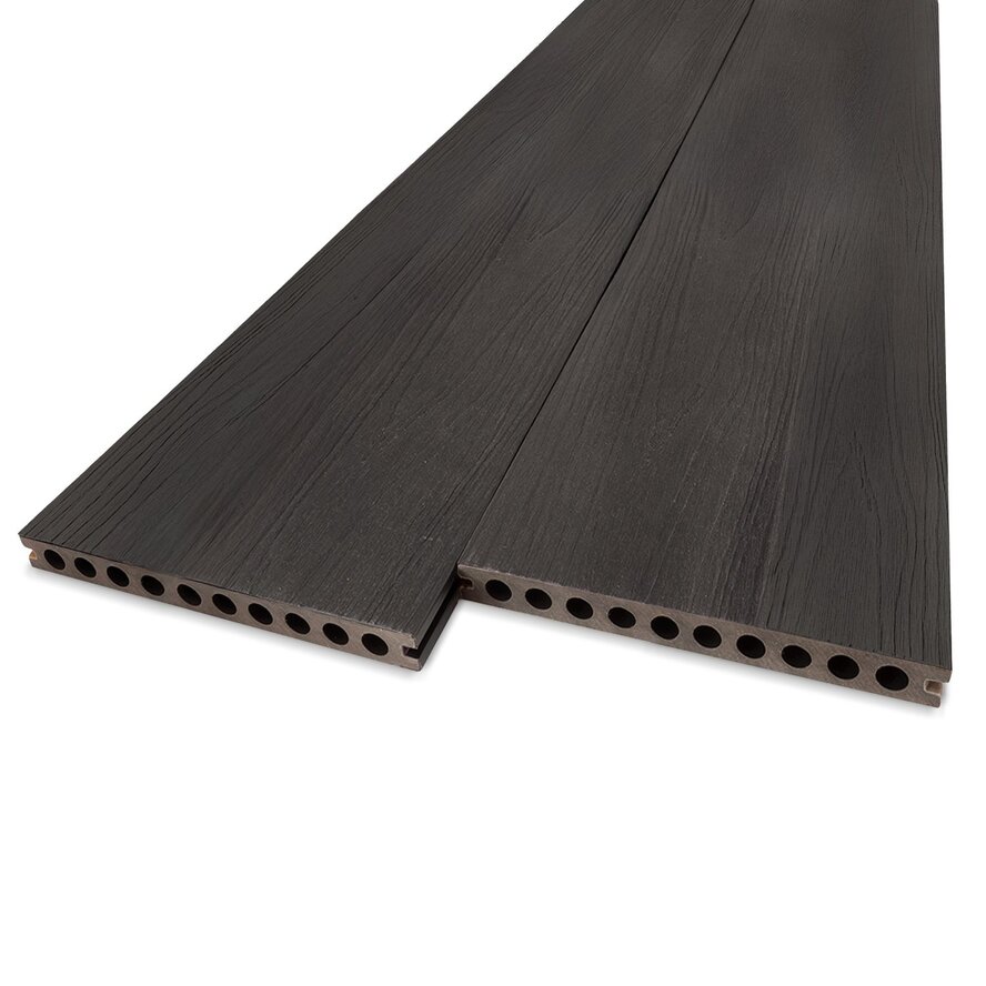 Composiet terrasplank - hol (semi massief) - zwart ebben look - 23x210 mm - 1 zijde geschaafd / 1 zijde geborsteld (optiek) - vlonderplank met blinde bevestiging - houtcomposiet Composiet terrasplank - hol (semi massief) - zwart ebben look - 23x210 mm - 1 zijde geschaafd / 1 zijde geborsteld (optiek) - vlonderplank met blinde bevestiging - houtcomposiet