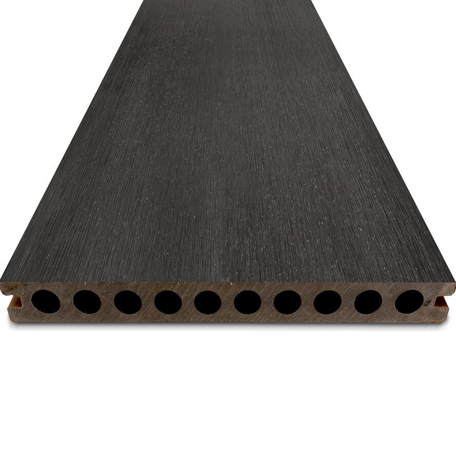 Composiet terrasplank - hol (semi massief) - zwart ebben look - 23x210 mm - 1 zijde geschaafd / 1 zijde geborsteld (optiek) - vlonderplank met blinde bevestiging - houtcomposiet Composiet terrasplank - hol (semi massief) - zwart ebben look - 23x210 mm - 1 zijde geschaafd / 1 zijde geborsteld (optiek) - vlonderplank met blinde bevestiging - houtcomposiet