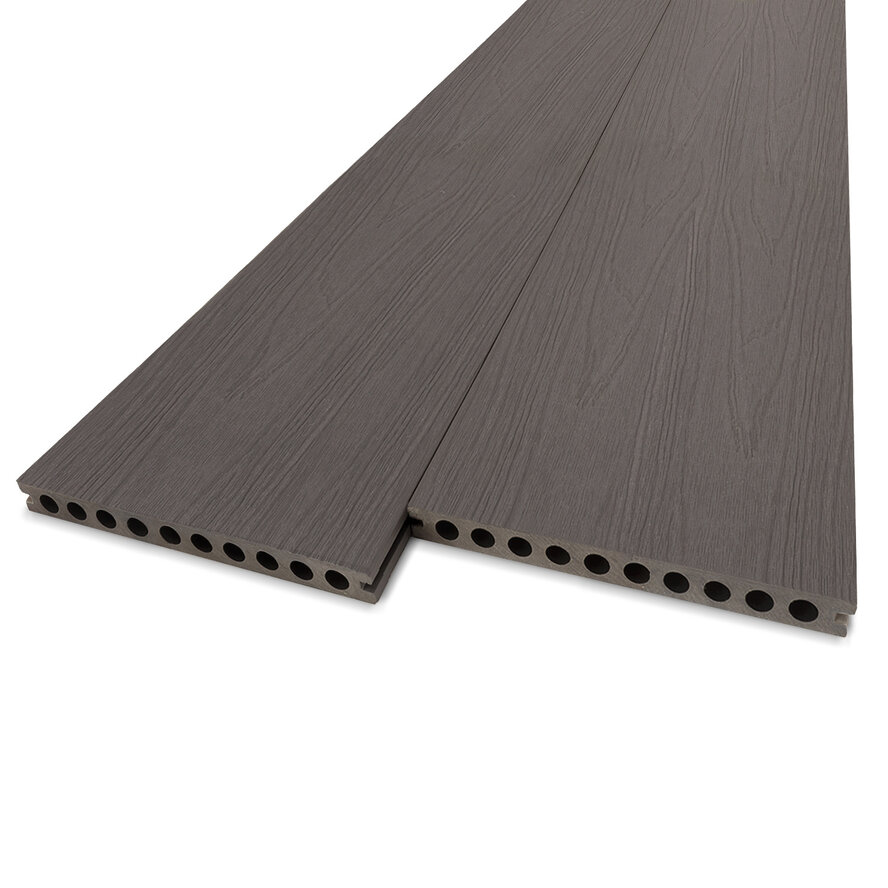 Composiet terrasplank - hol (semi massief) - antraciet look - 23x210 mm - 1 zijde geschaafd / 1 zijde geborsteld (optiek) - vlonderplank met blinde bevestiging - houtcomposiet Composiet terrasplank - hol (semi massief) - antraciet look - 23x210 mm - 1 zijde geschaafd / 1 zijde geborsteld (optiek) - vlonderplank met blinde bevestiging - houtcomposiet