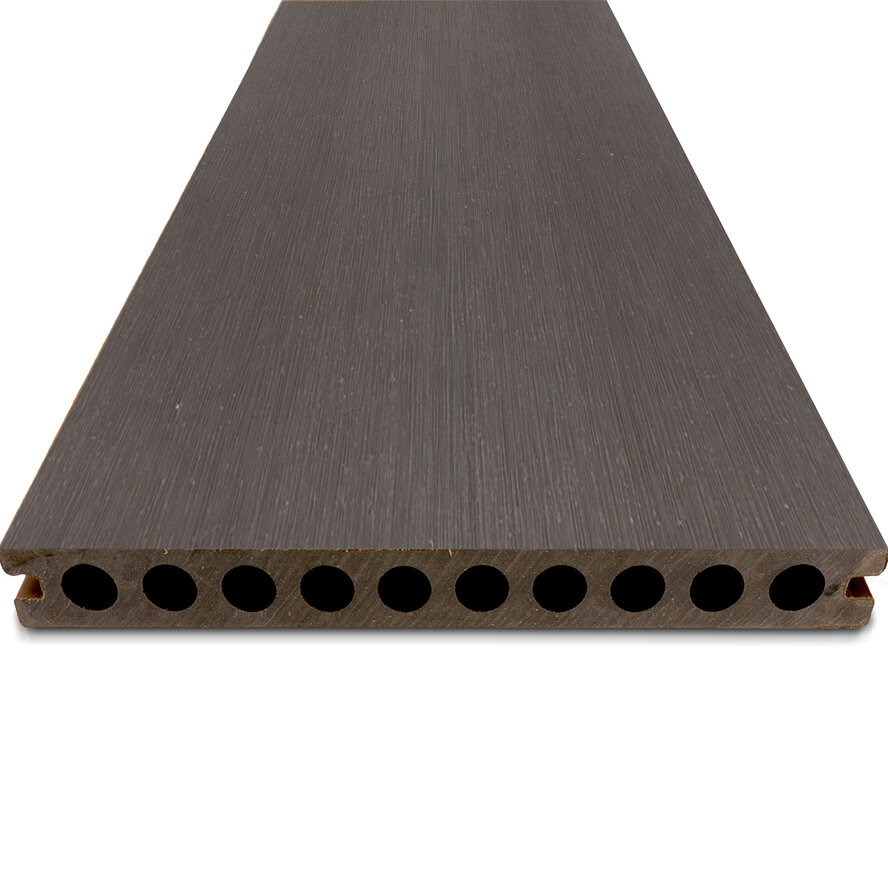Composiet terrasplank - hol (semi massief) - antraciet look - 23x210 mm - 1 zijde geschaafd / 1 zijde geborsteld (optiek) - vlonderplank met blinde bevestiging - houtcomposiet Composiet terrasplank - hol (semi massief) - antraciet look - 23x210 mm - 1 zijde geschaafd / 1 zijde geborsteld (optiek) - vlonderplank met blinde bevestiging - houtcomposiet