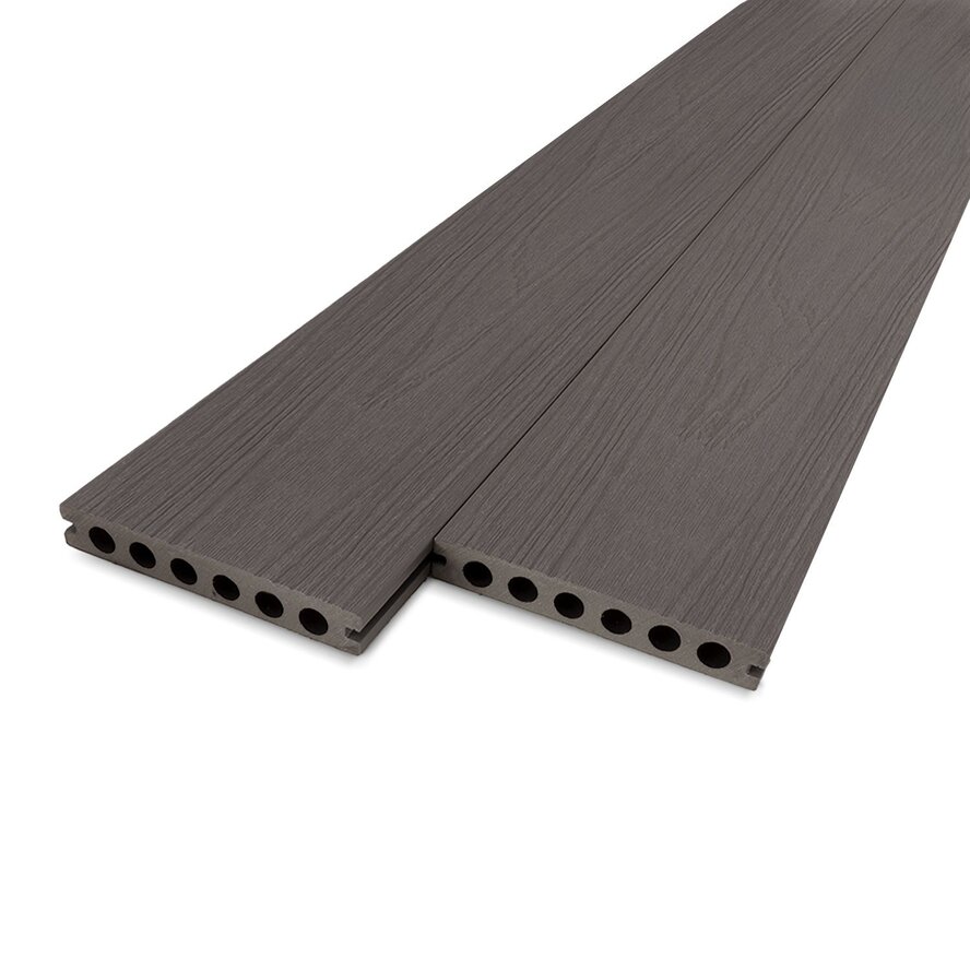 Composiet terrasplank - hol (semi massief) - antraciet look - 23x138 mm - 1 zijde geschaafd / 1 zijde geborsteld (optiek) - vlonderplank met blinde bevestiging - houtcomposiet Composiet terrasplank - hol (semi massief) - antraciet look - 23x138 mm - 1 zijde geschaafd / 1 zijde geborsteld (optiek) - vlonderplank met blinde bevestiging - houtcomposiet