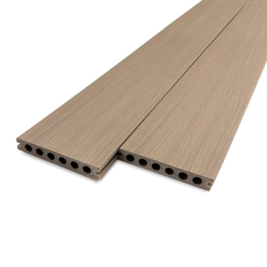Composiet terrasplank - hol (semi massief) - vergrijsd hout look - 23x138 mm - 1 zijde geschaafd / 1 zijde geborsteld (optiek) - vlonderplank met blinde bevestiging - houtcomposiet Composiet terrasplank - hol (semi massief) - vergrijsd hout look - 23x138 mm - 1 zijde geschaafd / 1 zijde geborsteld (optiek) - vlonderplank met blinde bevestiging - houtcomposiet