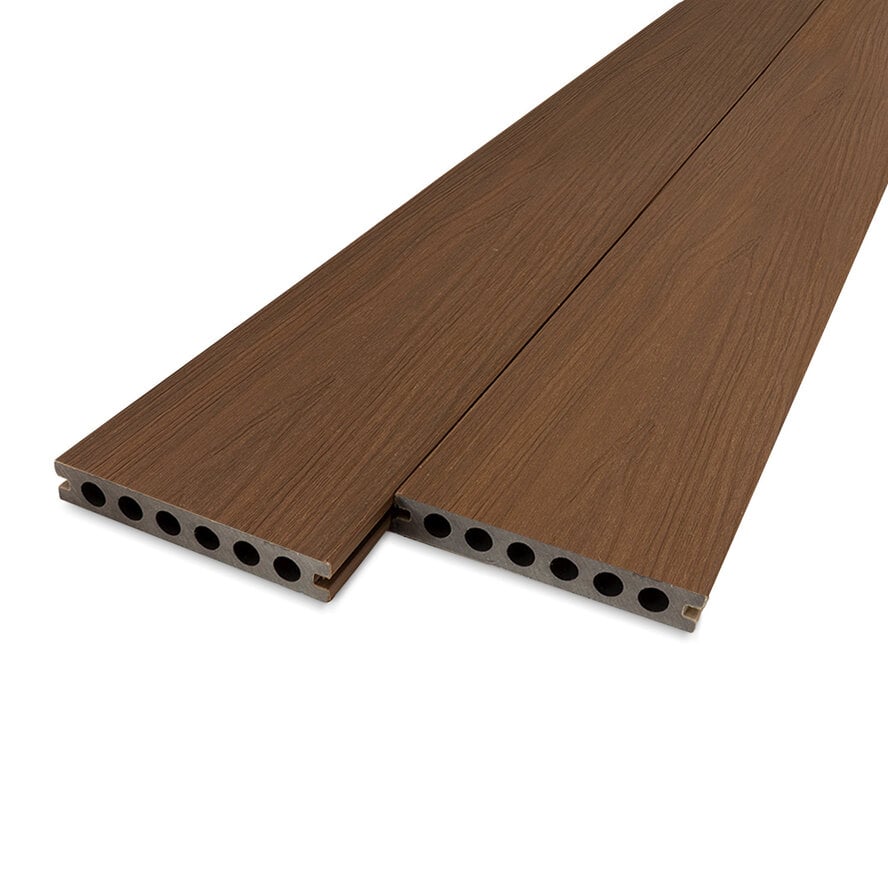 Composiet terrasplank - hol (semi massief) - ipe look - 23x138 mm - 1 zijde geschaafd / 1 zijde geborsteld (optiek) - vlonderplank met blinde bevestiging - houtcomposiet Composiet terrasplank - hol (semi massief) - ipe look - 23x138 mm - 1 zijde geschaafd / 1 zijde geborsteld (optiek) - vlonderplank met blinde bevestiging - houtcomposiet