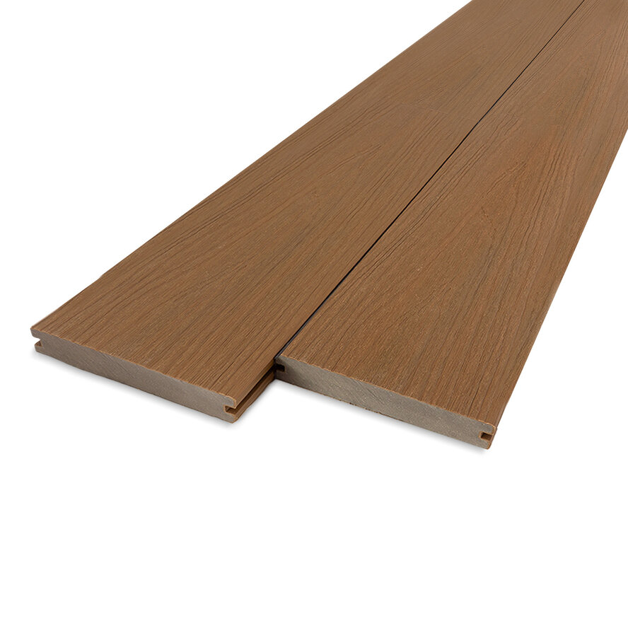 Composiet terrasplank - teak look - 23x138 mm - 1 zijde geschaafd / 1 zijde geborsteld (optiek) - vlonderplank met blinde bevestiging - houtcomposiet Composiet terrasplank - teak look - 23x138 mm - 1 zijde geschaafd / 1 zijde geborsteld (optiek) - vlonderplank met blinde bevestiging - houtcomposiet