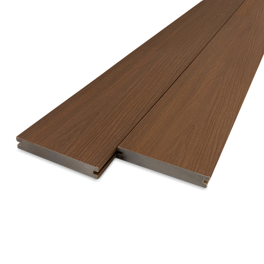 Composiet terrasplank - ipe look - 23x138 mm - 1 zijde geschaafd / 1 zijde geborsteld (optiek) - vlonderplank met blinde bevestiging - houtcomposiet Composiet terrasplank - ipe look - 23x138 mm - 1 zijde geschaafd / 1 zijde geborsteld (optiek) - vlonderplank met blinde bevestiging - houtcomposiet