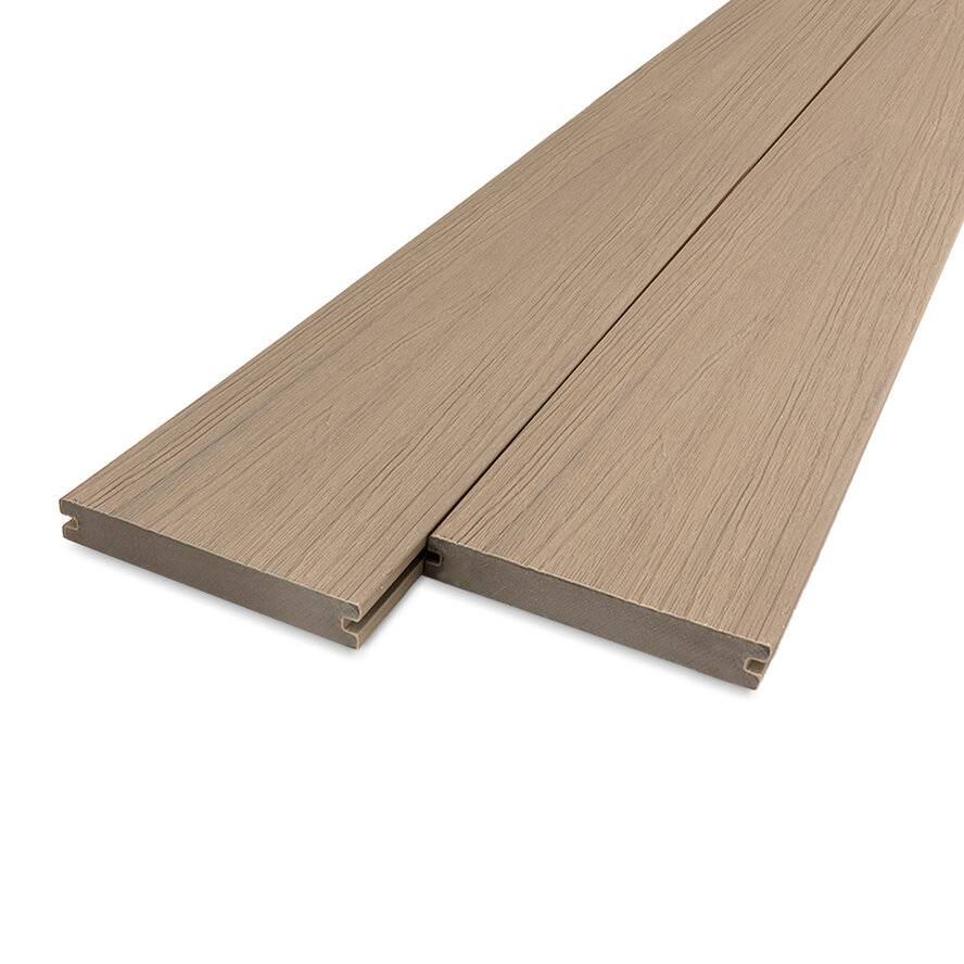 Composiet terrasplank - vergrijsd hout look - 23x138 mm - 1 zijde geschaafd / 1 zijde geborsteld (optiek) - vlonderplank met blinde bevestiging - houtcomposiet Composiet terrasplank - vergrijsd hout look - 23x138 mm - 1 zijde geschaafd / 1 zijde geborsteld (optiek) - vlonderplank met blinde bevestiging - houtcomposiet