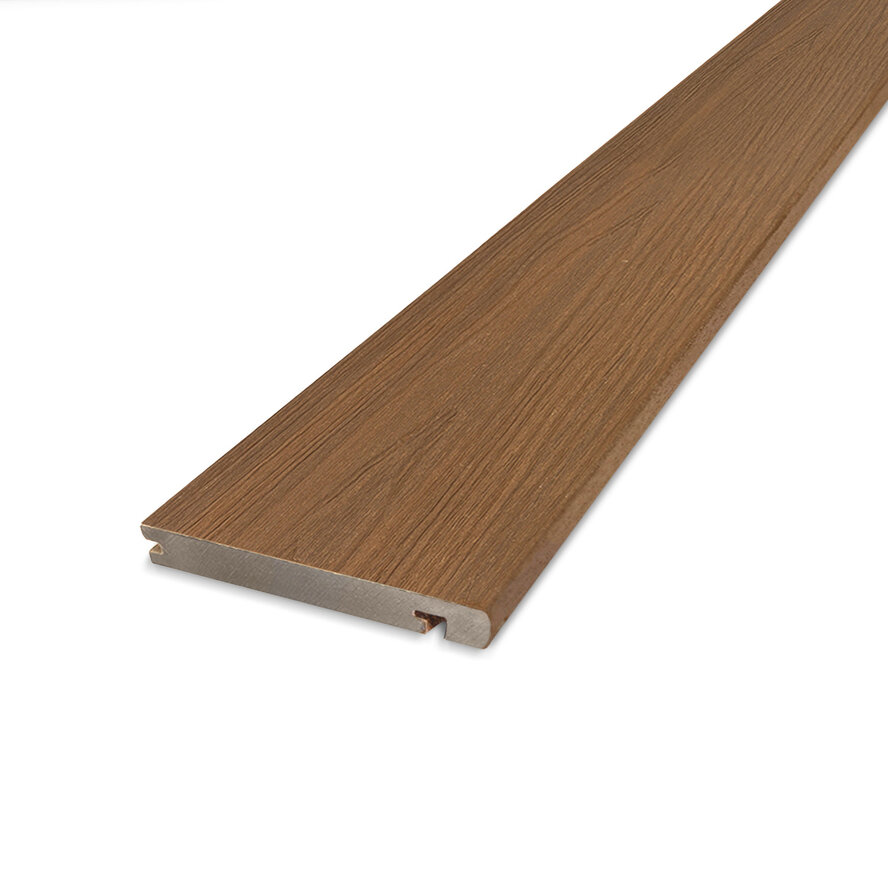 Composiet eindplank - teak look - 23x138 mm - geborsteld (optiek) - randplank / dekrandplank met blinde bevestiging - houtcomposiet Composiet eindplank - teak look - 23x138 mm - geborsteld (optiek) - randplank / dekrandplank met blinde bevestiging - houtcomposiet