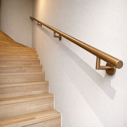 Main courante laiton (revêtue) - ronde fine - avec supports de type 3 luxueux - Rampe escalier acier thermolaqué à l'aspect laiton / doré Main courante laiton (revêtue) - ronde fine - avec supports de type 3 luxueux - Rampe escalier acier thermolaqué à l'aspect laiton / doré