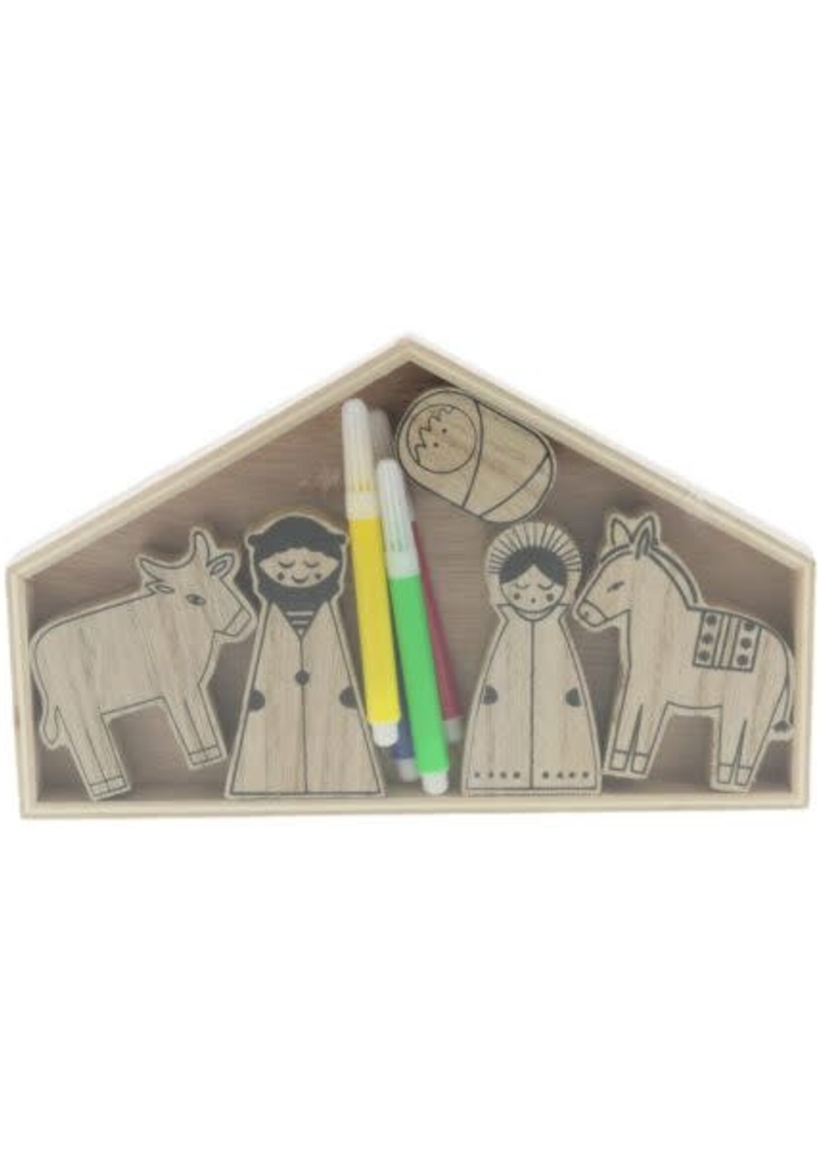 Houten kerststal om  zelf in te kleuren 6-delig