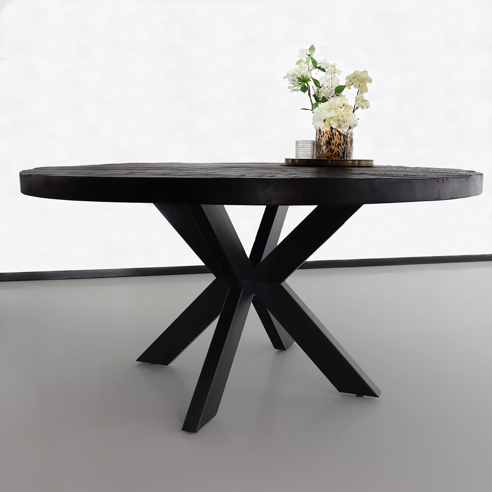 Eettafel rond mangohout 150cm Jones zwart ronde industriële tafel duurzaam mango eetkamertafel Eettafel rond mangohout 150cm Jones zwart ronde industriële tafel duurzaam mango eetkamertafel