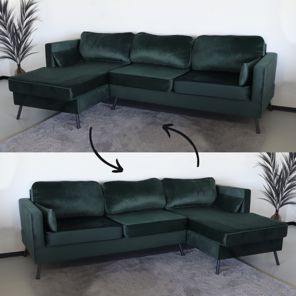 Hoekbank design Lizza 269cm bank donkergroen velvet loungebank zowel links als rechts bankstel Hoekbank design Lizza 269cm bank donkergroen velvet loungebank zowel links als rechts bankstel