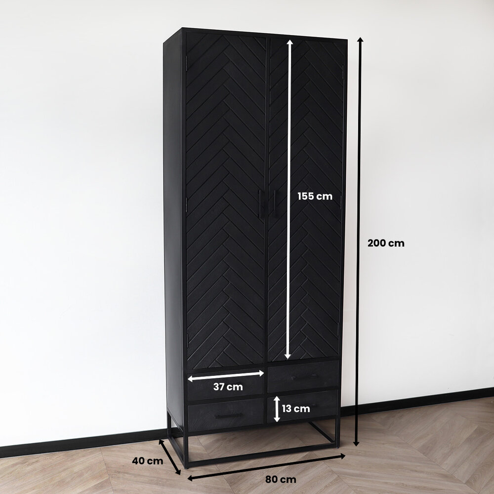 Kast zwart Bassie mangohout visgraat 200cm hoog wandkast mango Kast zwart Bassie mangohout visgraat 200cm hoog wandkast mango