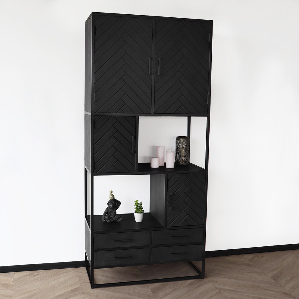 Kast zwart industrieel Blako duurzaam mangohout visgraat 200cm hoog vakkenkast wandkast mango Kast zwart industrieel Blako duurzaam mangohout visgraat 200cm hoog vakkenkast wandkast mango