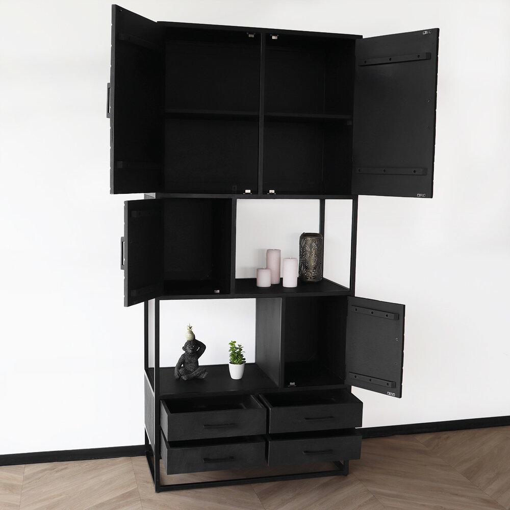 Kast zwart industrieel Blako duurzaam mangohout visgraat 200cm hoog vakkenkast wandkast mango Kast zwart industrieel Blako duurzaam mangohout visgraat 200cm hoog vakkenkast wandkast mango