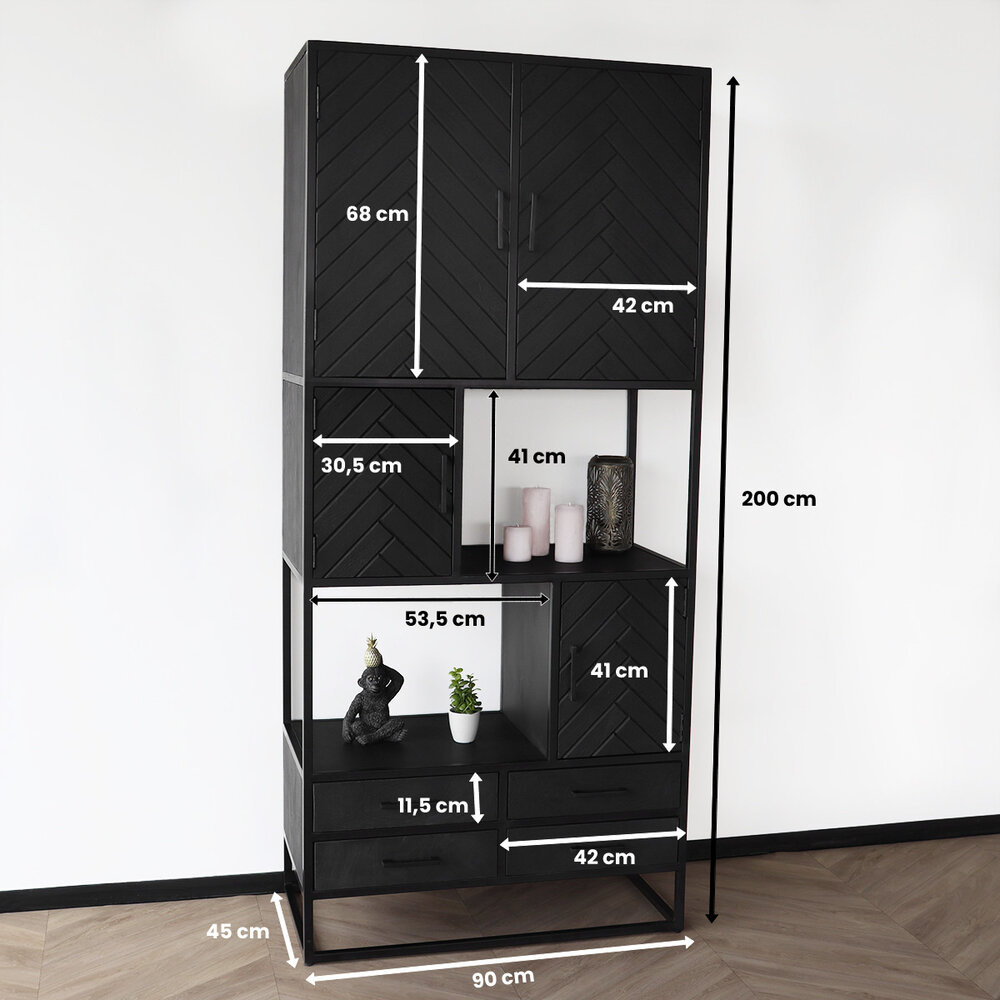 Kast zwart industrieel Blako duurzaam mangohout visgraat 200cm hoog vakkenkast wandkast mango Kast zwart industrieel Blako duurzaam mangohout visgraat 200cm hoog vakkenkast wandkast mango